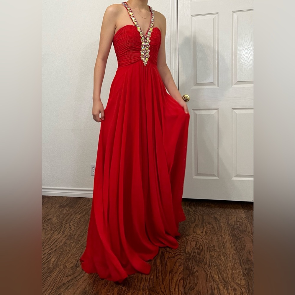 Princess Collection Red Evening Gown with Bedazzled Neckline Size 4